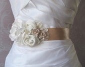 Champagne and Ivory Bridal Sash, Wedding Belt, Flower Sash, Rhinestone ad Pearl - EMILY