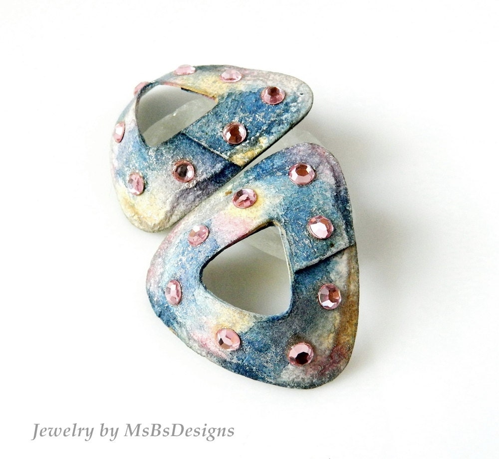 Dusk Blue Earrings Vintage Earrings Pink Crystal Earrings Paper Diamond Shape Retro 1990s Post Vintage Jewelry