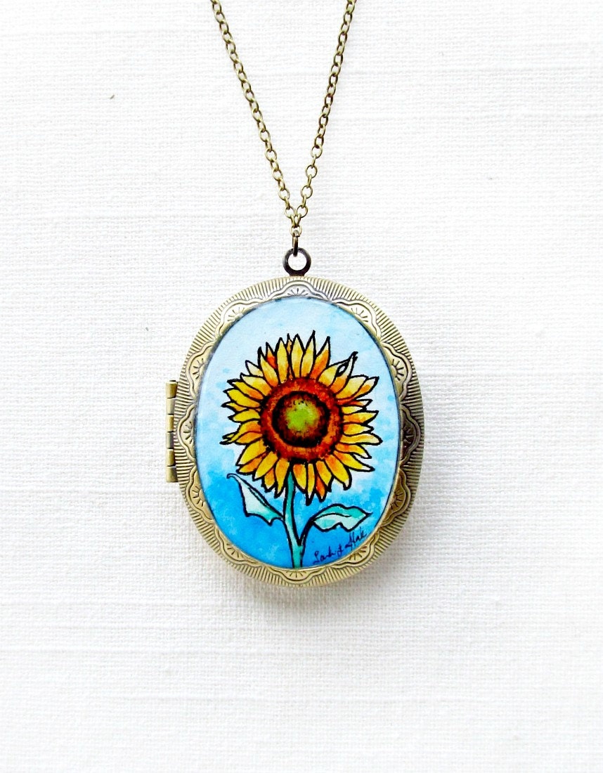 Sunflower necklace locket, flower jewelry, boho style floral, wearable art, sunflower locket, LIMITED EDITION