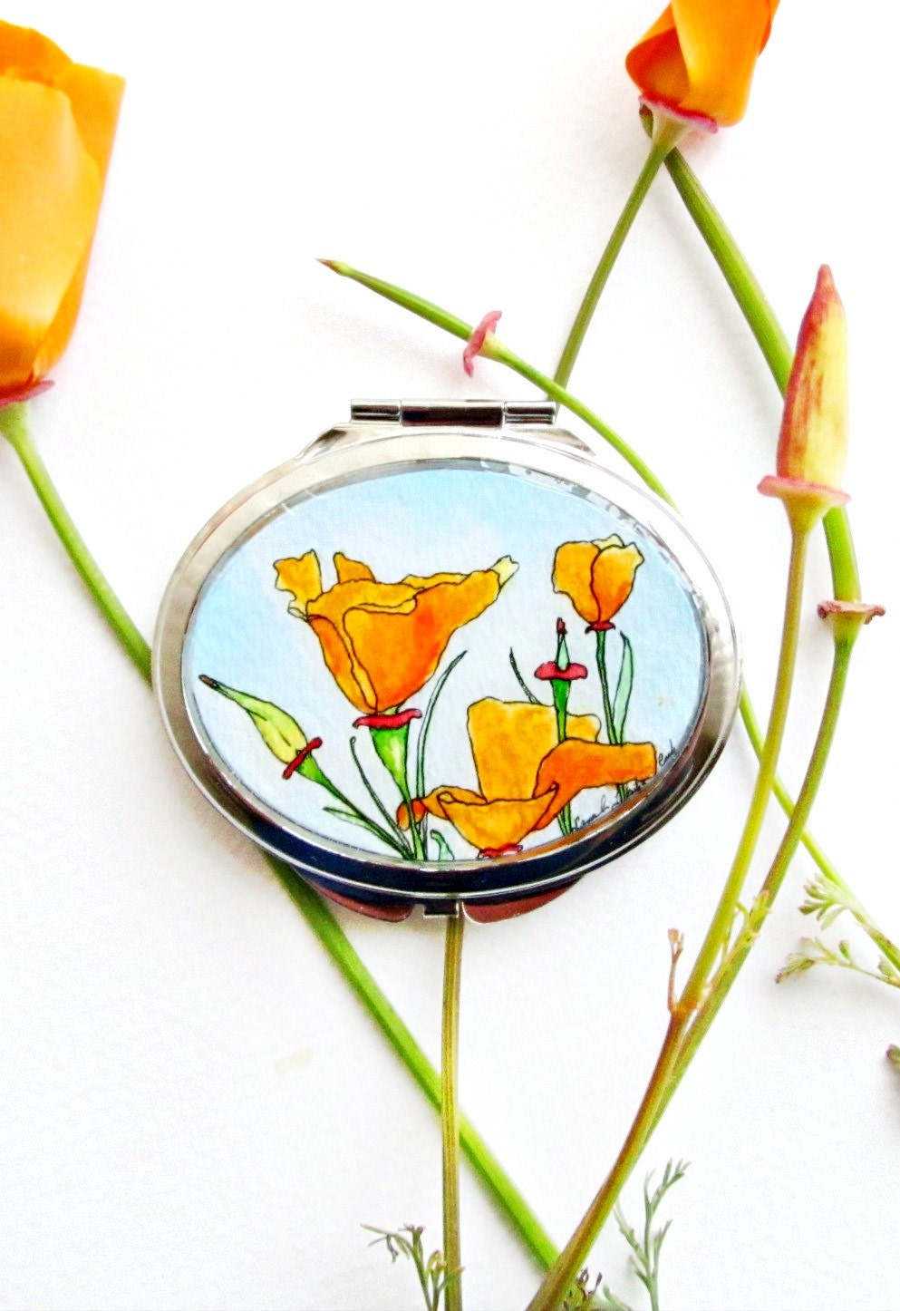 California Poppies pocket mirror, wedding accessory, floral mirror, painted mirror, pocket mirror compact HAND PAINTED