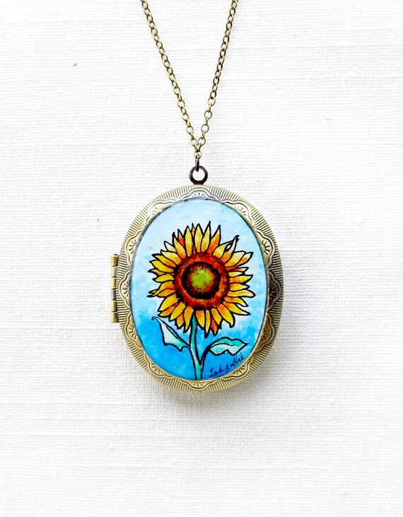 Sunflower necklace locket, flower jewelry, boho style floral, wearable art, sunflower locket, LIMITED EDITION