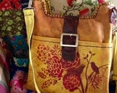 Mustard Leather Hand Printed Bag in Red Floral