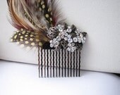 Rhinestone Hair Comb Silver Vintage Art Nouveau Leaf