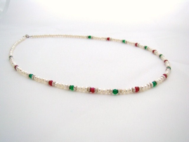 Delicate White Pearl Ruby Emerald Silver Necklace