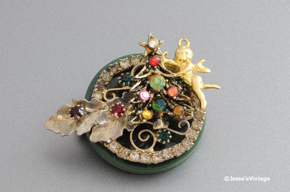 Upcycled Brooch Pin Bakelite Button Angel Rhinestone Tree