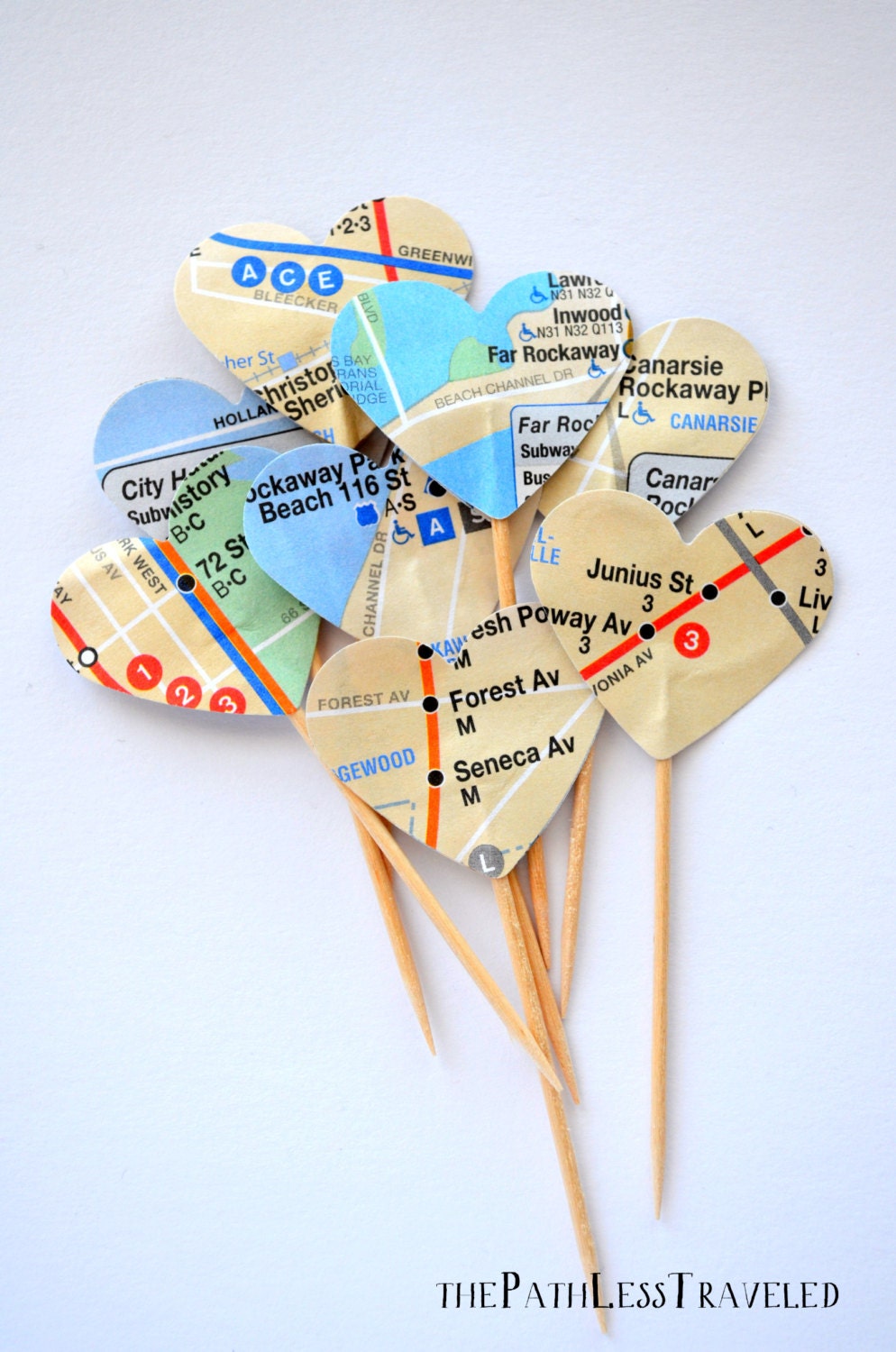 12 Heart Cupcake Picks, made from New York Subway Maps