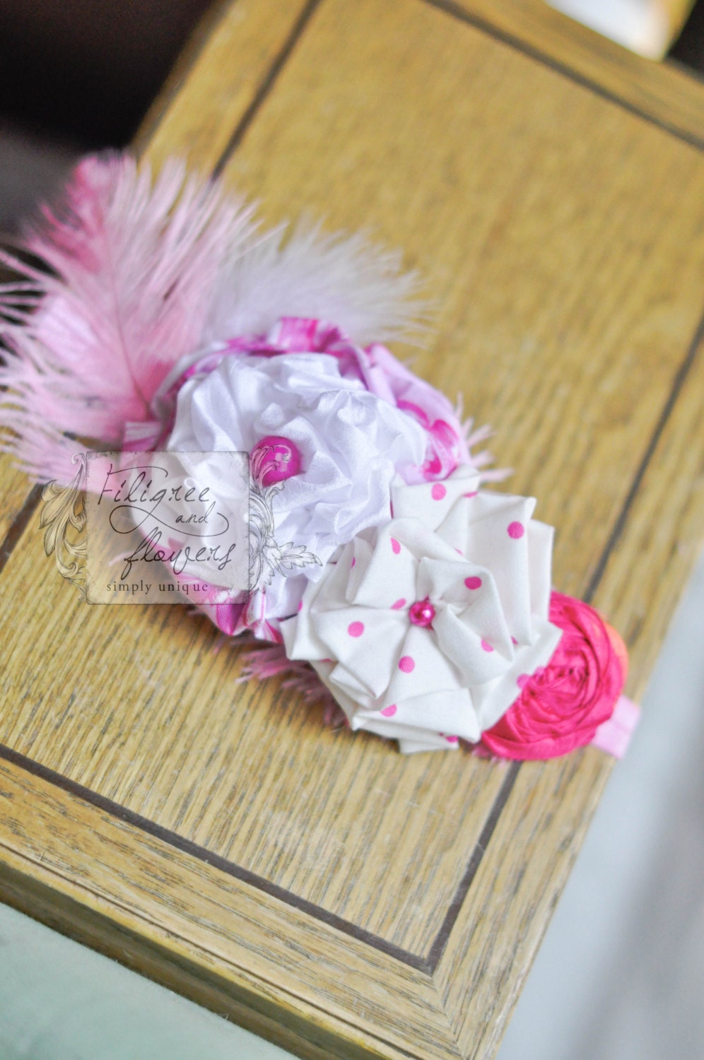 Fancy That    pink and white silk rosette feathered hair fascinator  couture headband      Ready to Ship