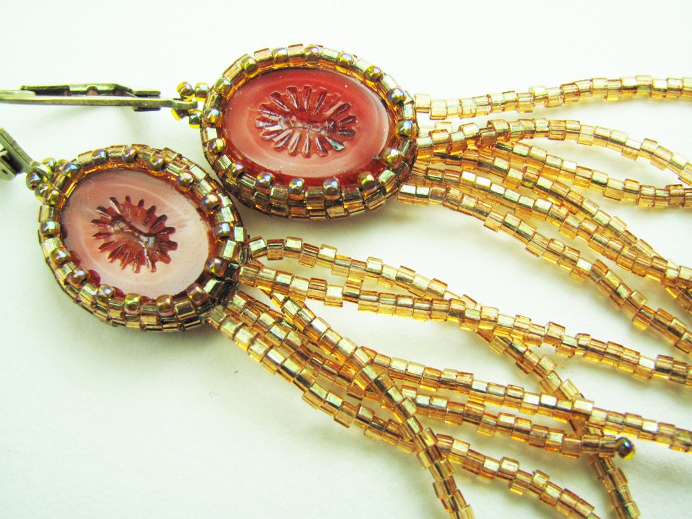 Beadwork Earrings - Peyote Bezeled Czech Bead w Beaded Fringe Leverback - SRAJD
