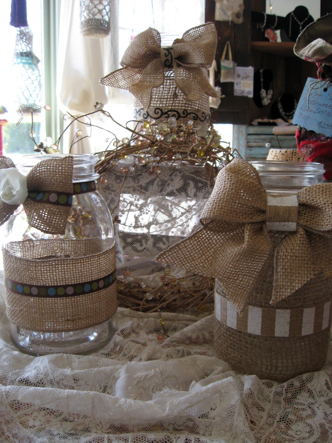 Shabby Chic Bridal Country Wedding Centerpieces Set of Three Mason Jars and Burlap