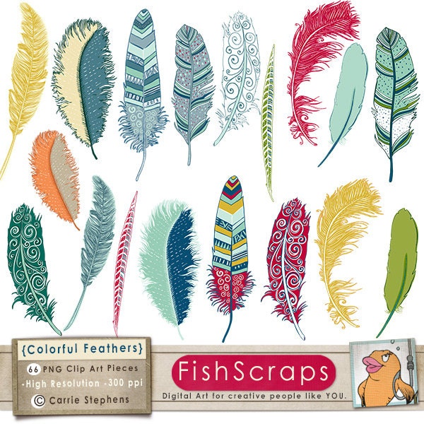 Colorful Feather ClipArt - Clip Art - Bird Feathers - Digital Illustrations - Fanciful Notions - Instant Download - Commercial Use