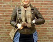 Cable Scarf, Pom Pom Scarf, Hand Knit Scarf with Pom Poms, Cable Pattern - Chocolate Brown, Honey Golden Brown melee
