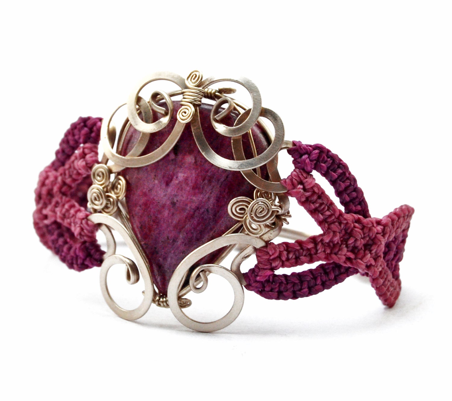 July Birthstone Wire Wrap Macrame Bracelet with Ruby Zoisite stone