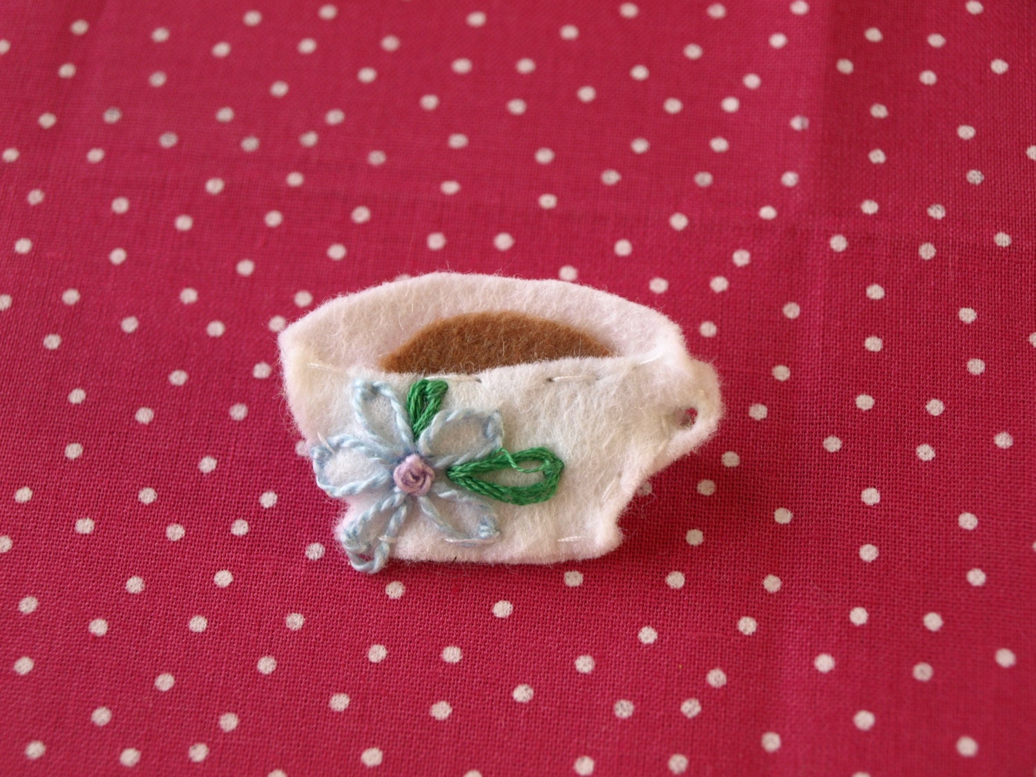 Cup of tea floral felt hand embroidered brooch