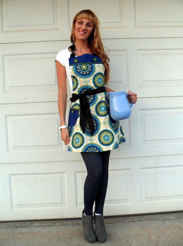 Reversible Full Apron Retro Modern in Blues and Greens