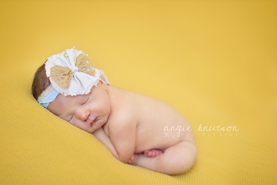 Days Gone By- linen raw edge ruffle tieback headband with mustard eyelet lace bow
