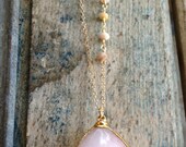 Gold Edged Pink Opal Stone Pendant Necklace with wire wrapped pink opal stone chain