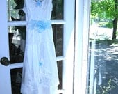 White and blue slip dress, vintage slip dress, wedding dress, altered, eco chic, ruffles, romantic, 32 inch bust S, XS - On Sale