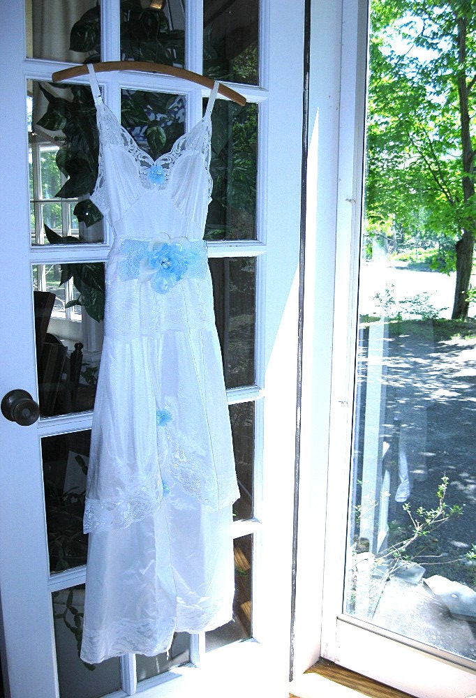 White and blue slip dress, vintage slip dress, wedding dress, altered, eco chic, ruffles, romantic, 32 inch bust S, XS - On Sale