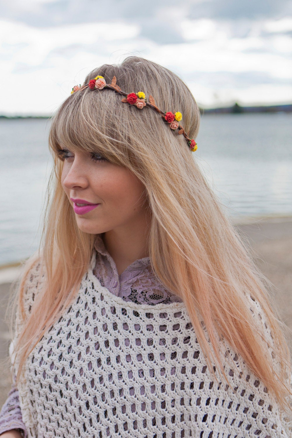 Autumnal Red, Yellow and Peach Floral and Velvet Brown Ivy Leaf Trim Fairy Festival Flower Hair Crown Hair Garland