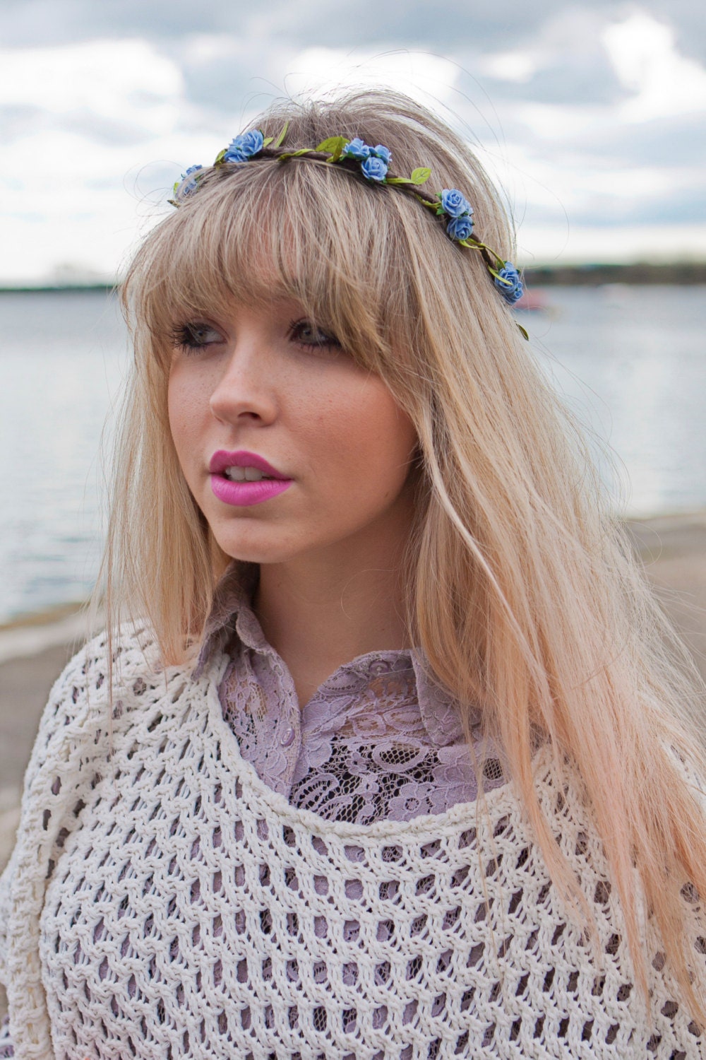 Baby Blue Floral and Green Ivy Leaf Trim Fairy Festival Flower Hair Crown Hair Garland