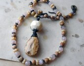 Beaded Necklace - Assemblage Pendant- Stone, Glass, Vintage Plastic, Waxed Brown Leather Cord - Rustic Assemblage Necklace