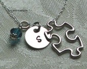 Autism Awareness Puzzle Piece Initial hand stamped necklace with birthstone crystal