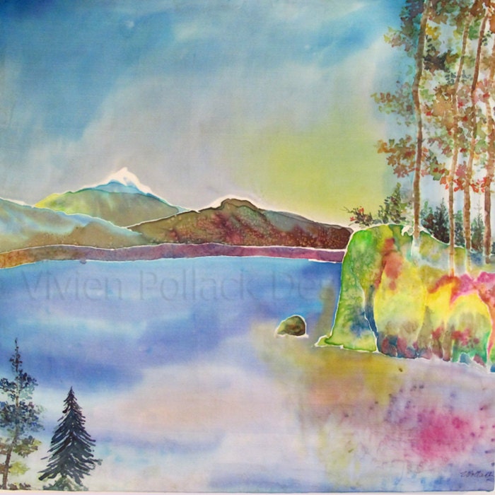Original Silk Painting Calm Lake Mounted on Canvas