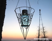 Mason Jar Outdoor Decor Light Solar Mason Jar Lantern in Cone Shape Black Hanging Basket, Upcycled Outdoor Garden Lantern Eco Friendly Light