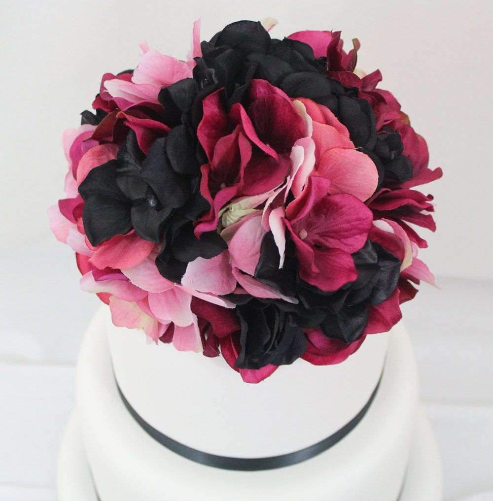 Wedding Cake Topper - Fuchsia, Black, Pink Hydrangea Silk Flower Wedding Cake Topper