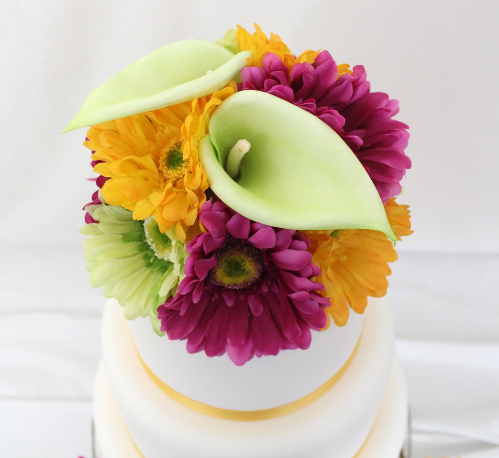 Wedding Cake Topper- Green, Magenta, Yellow Gerbera Silk Flower Wedding Cake Topper