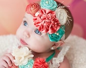 Coral, Ivory,  Tropical Blue, Rolled Rosette, Elastic Headband, Satin Flowers, Pearls, Birthday, Couture, Girl, Newborn, Infant, Toddler