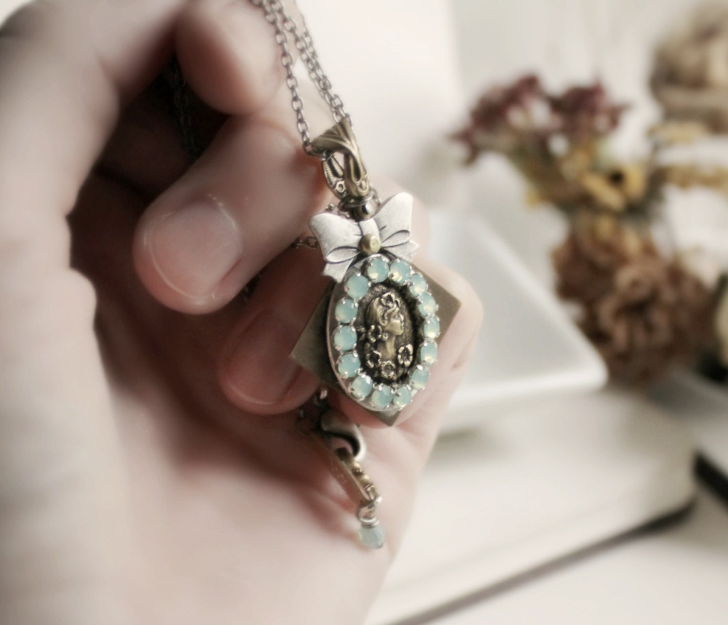 Minty Antoinette Aged Silver & Brass and Swarovski Necklace - Green - Mint - Bows - French Country - Shabby Chic - Summer - Wedding - Bridal
