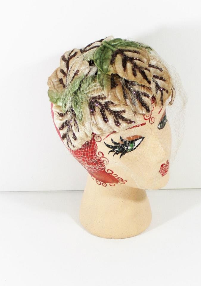 Vintage 1960s Hat Cocktail Bird Cage Veil Fascinator Velvet Leaf Leaves Taupe Green