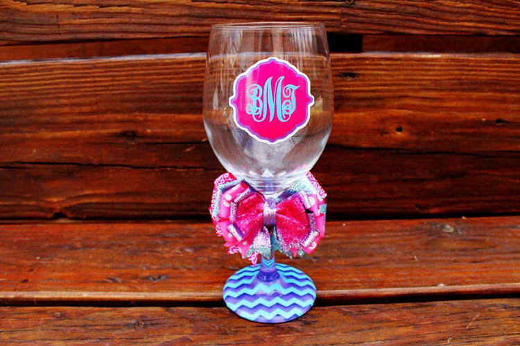 Monogram Wine Glass Chevron Personalized Custom Name Sorority Birthday Bride Glass Wedding Shower Bachelorette Bridesmaid Wine Glass