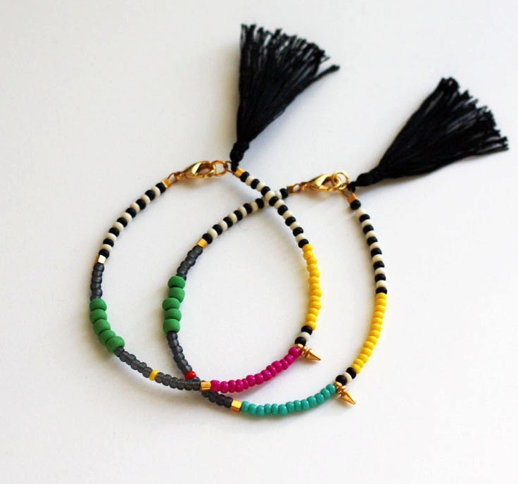 Friendship Bracelet with Tassel - Gold Spike Bracelet - Layering Bracelet - Summer Jewelry - Black and White