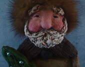 Folk Art Russian Santa Claus, HANDMADE from papier mache, OOAK, fur hat, Christmas tree with vintage Christmas bulbs