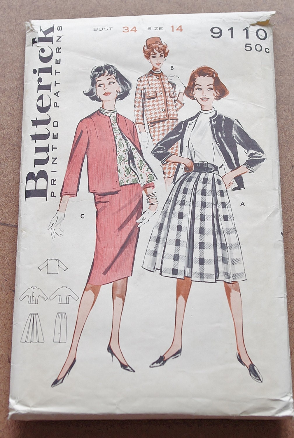 Vintage 50s Sewing Pattern -- Butterick 9110 -- Coordinates Skirt and Jacket Set -- Bust 34 Small