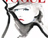 Fashion Illustration, Watercolor, Print 11" x 8.5" - Vogue Cover Red Black White