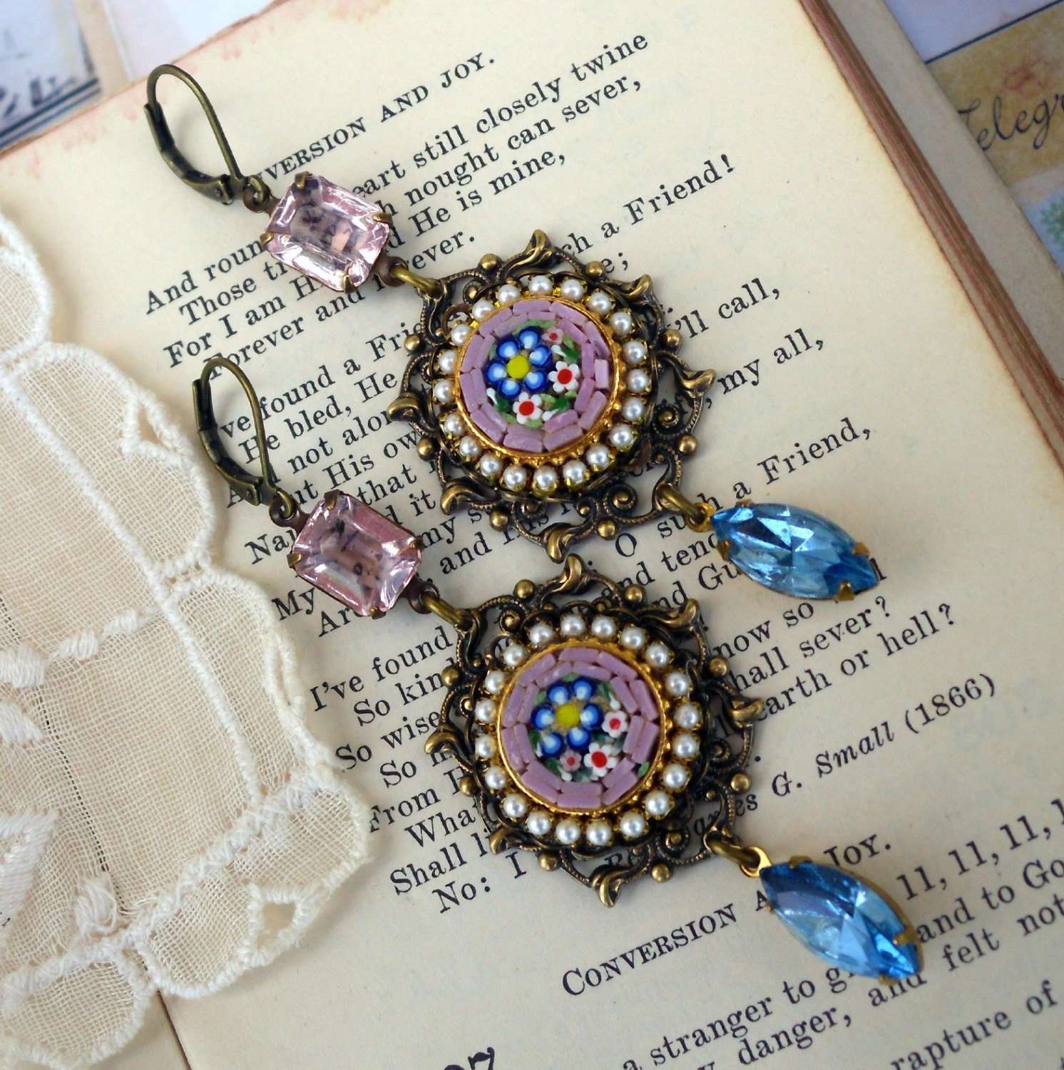 Italian Renaissance, Vintage Pink Italian Glass Micro Mosaic , Swarovski Pearl Chain and Vintage Rhinestone Assemblage Earrings