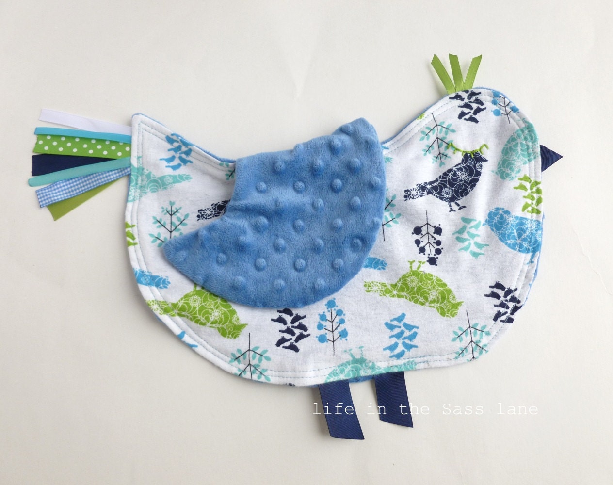 Blue Bird Ribbon Tag Baby Blankie Flannel with Minky Blanket Lovey Lovie Baby Gift