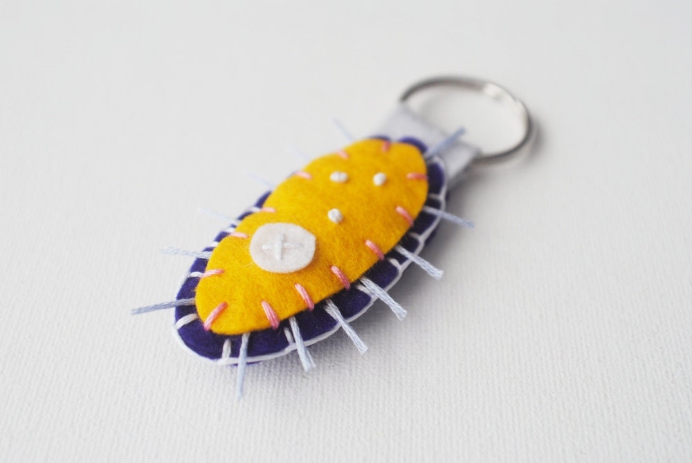 Paramecium Microbe Keychain - Wool Felt Science Key Fob in Purple and Yellow - Microbiology Biology
