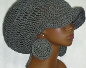 Gray Grey Rasta Style Brimmed Cap Hat with Earrings and Drawstring