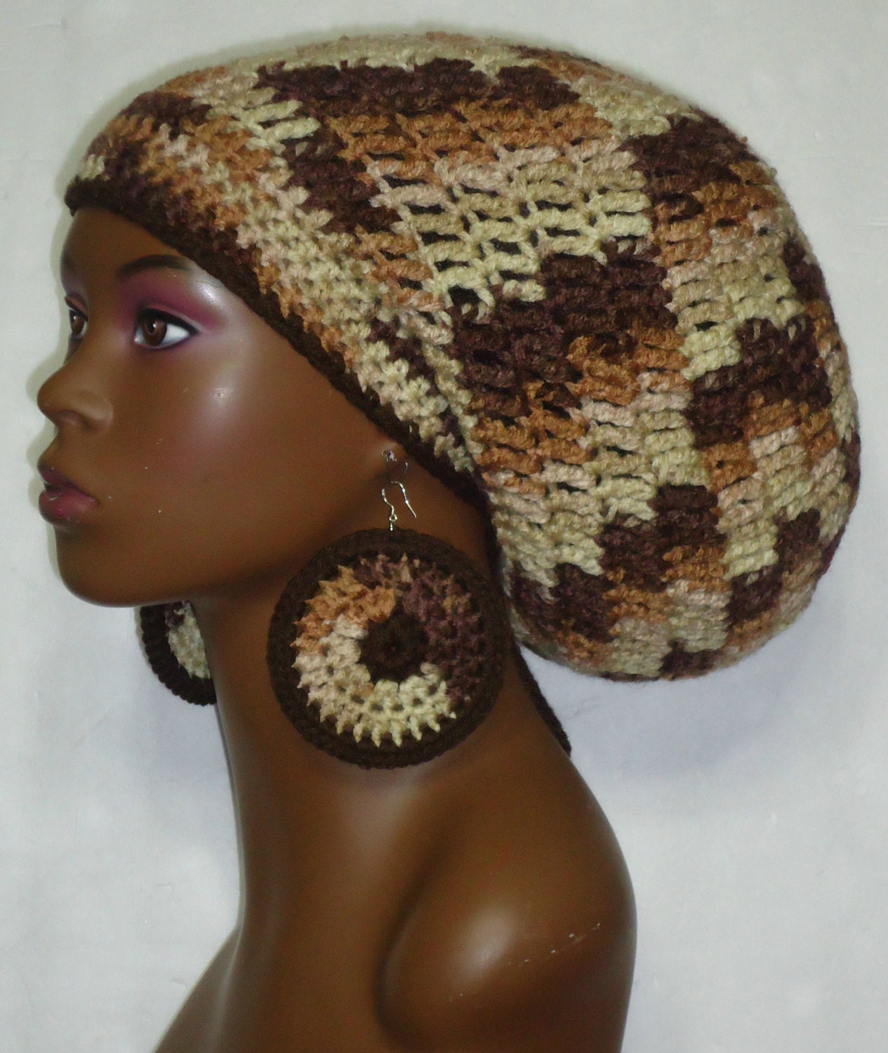 Earth Tones Tam and Earrings with Drawstring Brown Tan Beige Ivory