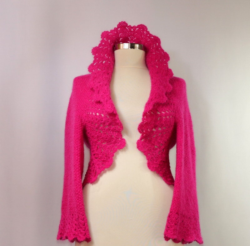 Joy of Life / Fuschia Crochet Shrug Knit Bolero Wedding Bridesmaid Bridal Shrug Capelet Wrap Bolero Jacket Cardigan