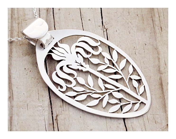 Statement Necklace Recycled eco Spoon Pendant Art Deco eco floral spoon pendant Victorian Iris Floral Spoon Pendant long sterling boho chain