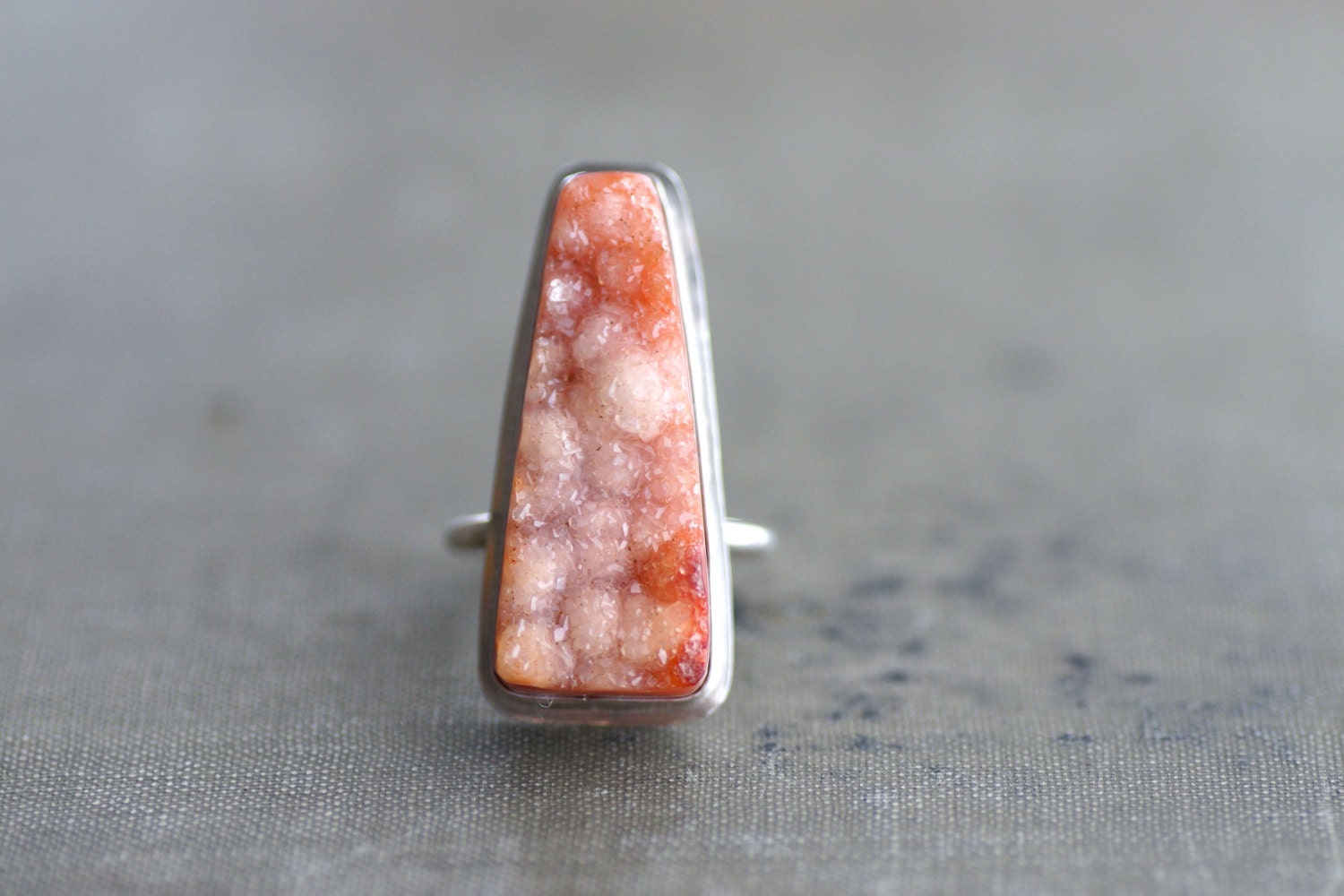 Large Peach Druzy in Sterling Silver Statement Ring - Size 7