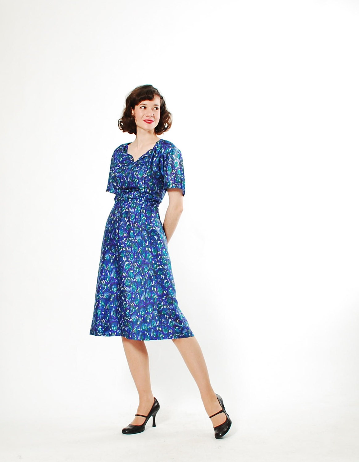 1950s Plus Size Dress - 50s Silk Dress - Indigo & Teal Watercolor
