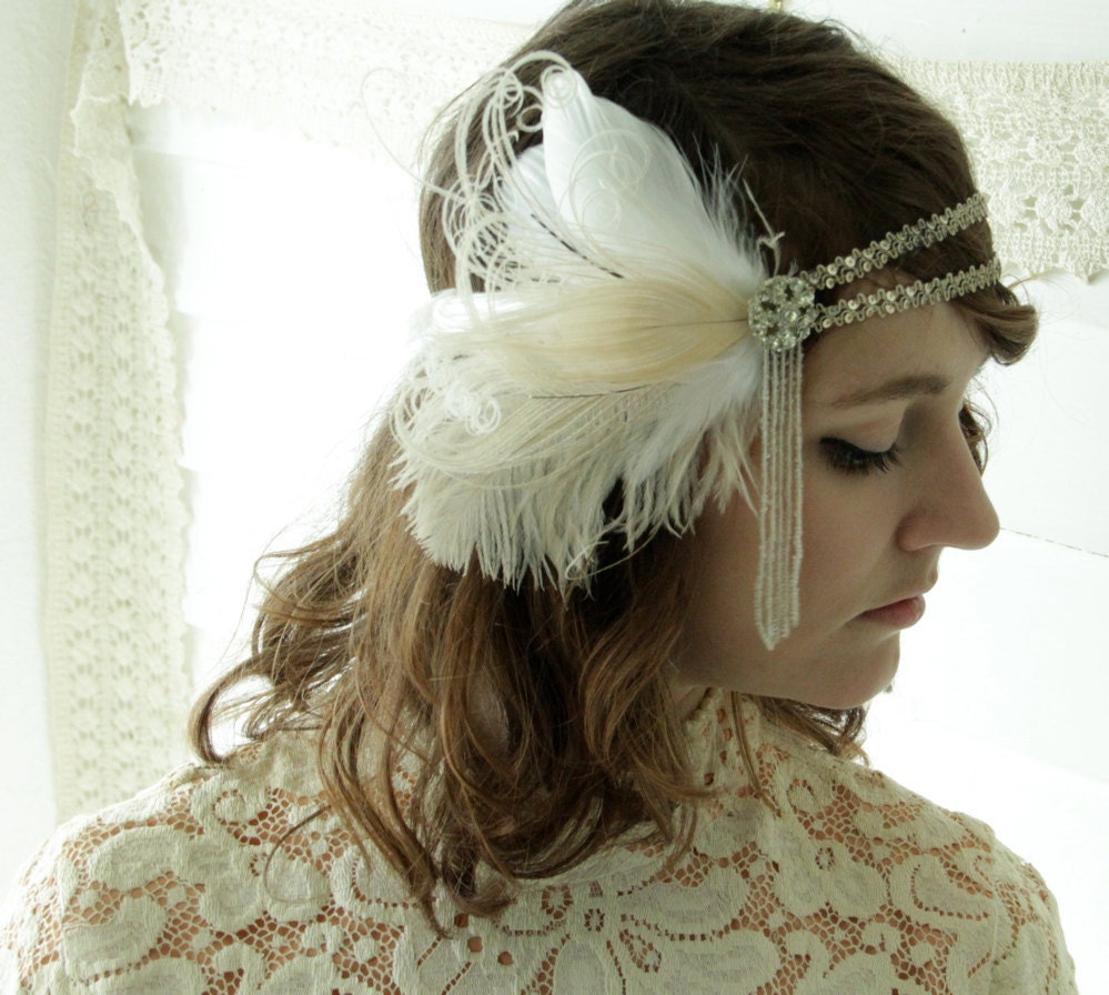 jeanette - flapper headband of vintage silver trim and antique beaded fringe with cruelty free ivory and champagne feathers- made to order