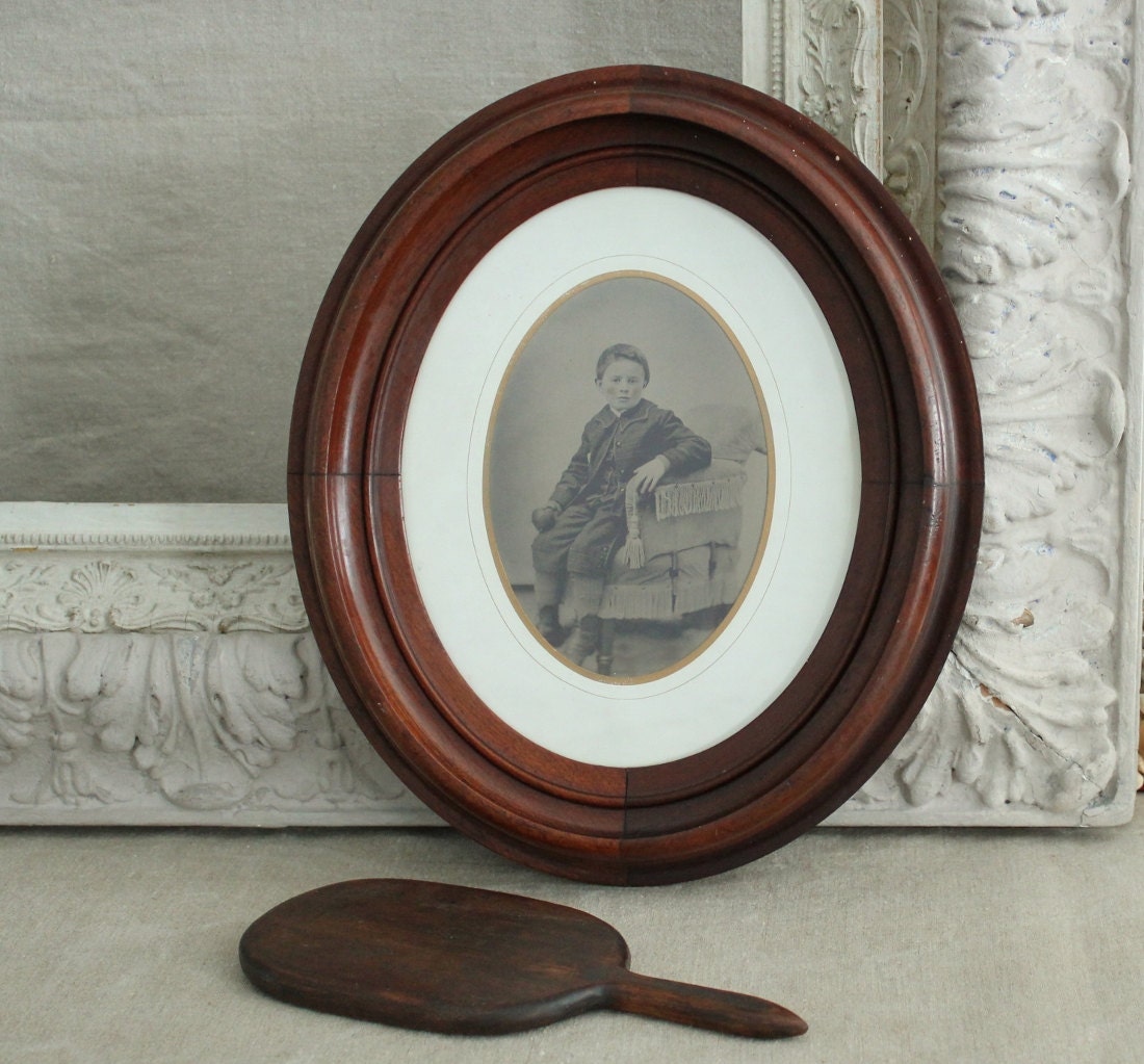Antique Victorian Oval Walnut Frame with Studio Photo of Boy