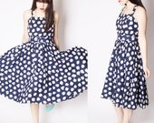 80s Nautical Navy and White Floral Cotton Belted Day Dress / 80s Dress / Cotton Dress / Vintage Dresses / 2266